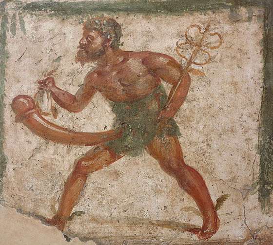 Приап с атрибутами Меркурия — кадуцеем и крылатыми сандалиями. Фреска из Помпей, ок. 89 до н.э. — 79 н.э.